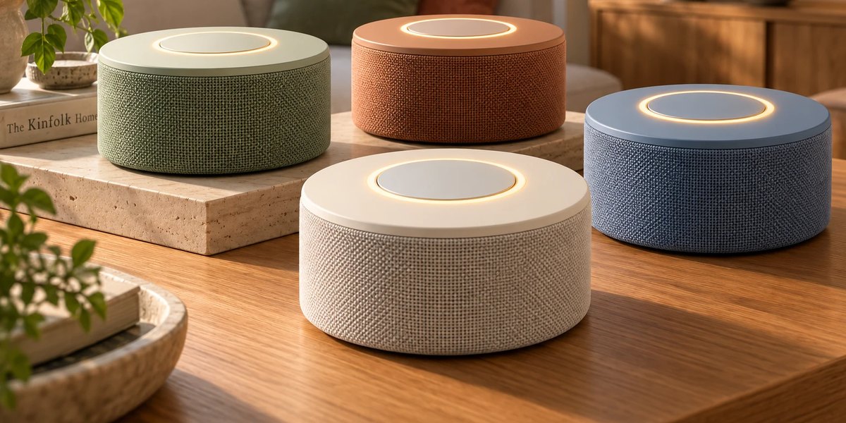 Four Babbl devices in fabric covers on a wooden table