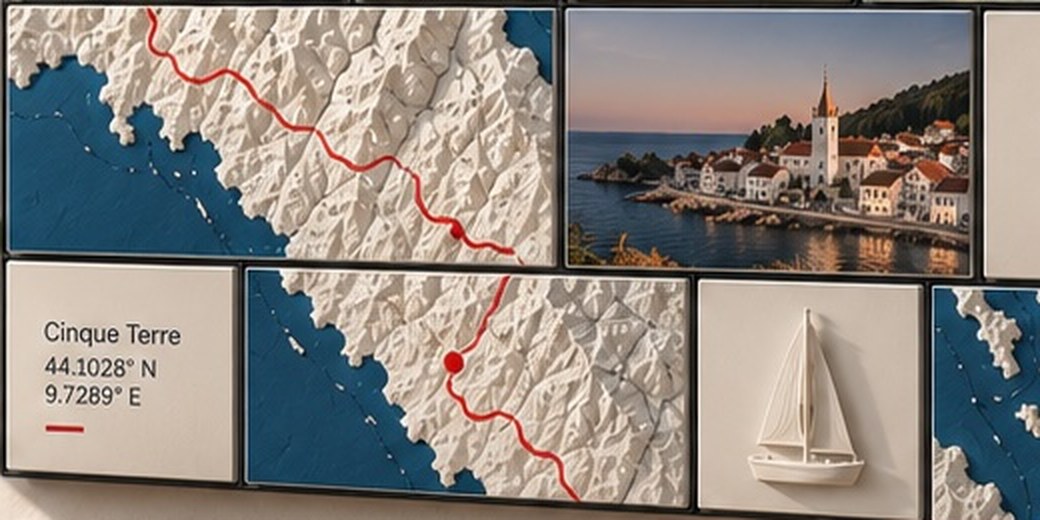 Detail of a wall piece made of 3D-printed landscape tiles with a red route